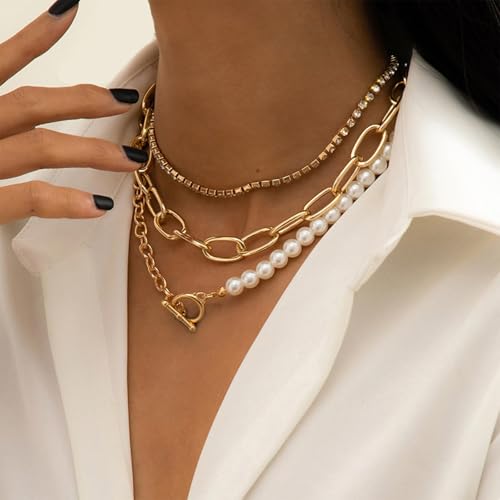 Gold Stack Necklace Chunky Necklaces for Women Trendy Coin Pendant Long Necklaces Western Jewelry for Women Cowgirl Cowboy Chic Country Outfit Boho Accessories Birthday Jewelry Gifts - color: C Gold Pearl Choker Necklaces Set