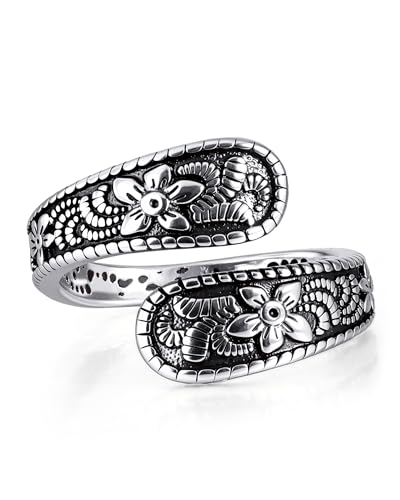 Vintage 14K Gold Plated and Silver Spoon Ring – Adjustable Ring with Carving Design for Women, Unique Boho Open Ring for Gift - color: Silver & Black