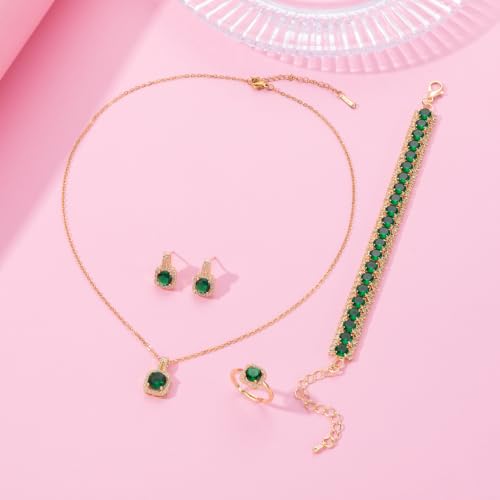 Paxuan 4pcs Cubic Zirconia Wedding Jewelry Sets for Bride Bridesmaid Cubic Zirconia Pendant Necklace Earrings Link Tennis Bracelet Open Ring Set for Women - color: Gold Plated Emerald Cubic Zirconia
