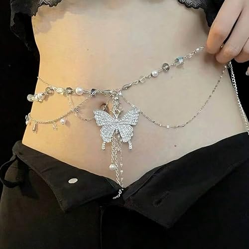 Y2k Belly Chain Rhinestone Butterfly Waist Beads Pearl Layered Silver Chain Belt For Women
