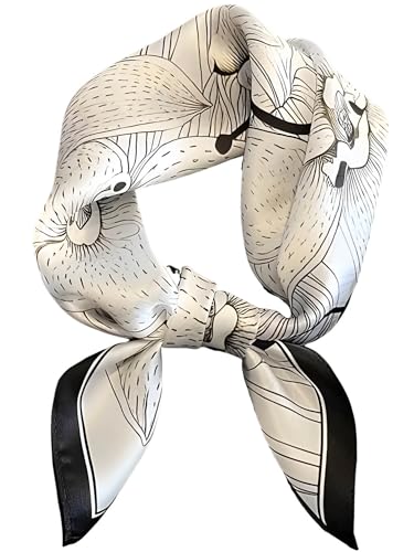 100% Mulberry Silk Scarf for Women Hair Lightweight Square Neckerchief Wrap For Head Scarves 21" - color: 23-black and White Flower /21"*21"
