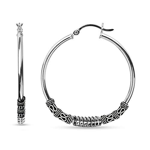 LeCalla 925 Sterling Silver Large Hoop Earrings | Lightweight Antique Bali Hoops | Two-Tone Bohemian Oxidized Balinese Earrings for Women - color: Oversized Bead Bali-60mm