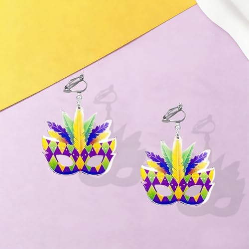 Mardi Gras Clip on Earrings for Women Boho Acrylic Parade Lette Mardi Gras Carnival Clip on Earrings Holiday Festival Jewelry Gifts Accessory - color: mask