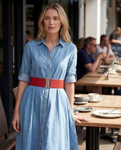 BlackButterfly Wide Elastic Waist Cinch Stretch Waistband Retro Vertical Clasp Buckle Belt - color: Red, size: Small