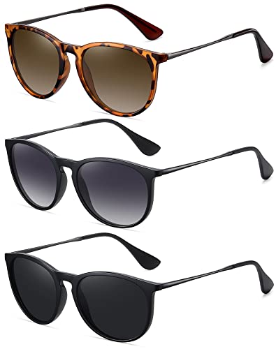WOWSUN Retro Polarized Sunglasses Womens Trendy Round Classic Glasses - color: 3 Pack: Black+grey Lens Black Frame+brown Lens Leopard Frame