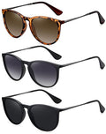 WOWSUN Retro Polarized Sunglasses Womens Trendy Round Classic Glasses - color: 3 Pack: Black+grey Lens Black Frame+brown Lens Leopard Frame