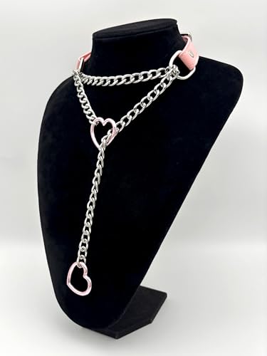 Black Leather Choker Collar For Women, Handmade Heart Slip Chain Choker Long Necklace with Adjustable Buckle - color: B-Pink-Silver-Pink, size: 18''chain