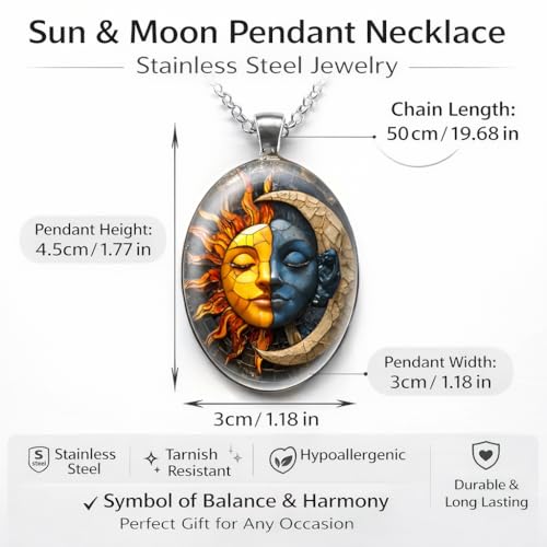 1pc Stunning Round Pendant Necklace - Unique Sun & Moon Pattern, Oil Painting Style Glass Mosaic, Alloy Construction, Trendy Sweater Chain, Fashionable Gift for Women - Christmas or Birthday Gift - color: Sun/Moon Oval