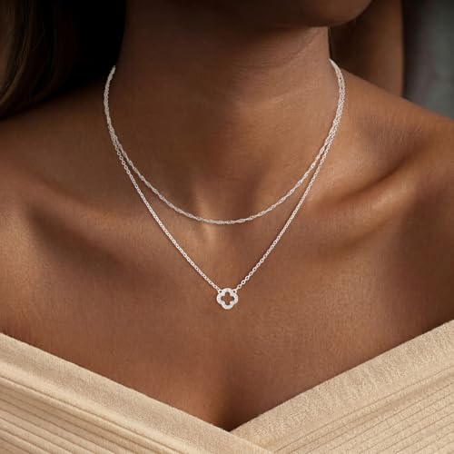 Dainty Gold Necklaces for Women Trendy Non Tarnish 14K Gold Plated Cubic Zirconia Necklace Layered Simple Cute Four Leaf Clover Choker Jewelry Birthday Gifts - color: Silver, style: Cable Small CZ