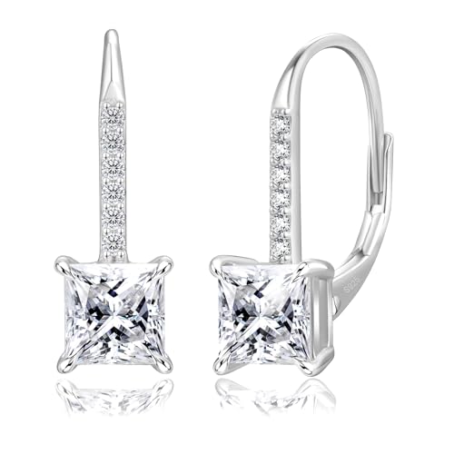KRKC Moissanite Earrings, 1.0ct-2.0ct D Color Lab Created Diamond Earring, 14k White Gold Plated Sterling Silver Dangle Earrings S925 Leverback Drop Earring for Women Hypoallergenic Jewelry for Gifts - color: Princess-Silver-4.5mm