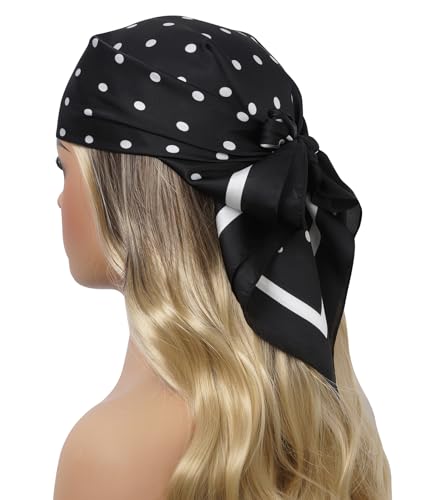 CHUNG Women's Scarf Hair Bandanas Square 27.5" Satin Wrap Fashion Pattern Scarves Emulation Silk Handbag Ribbons Necktie - color: Black Dot