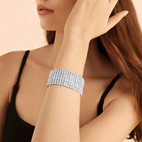 Zealmer Sparkle Multicolor Rhinestone Stackable Stretch Bracelets for Women - color: 8 Row Silver Medium Size