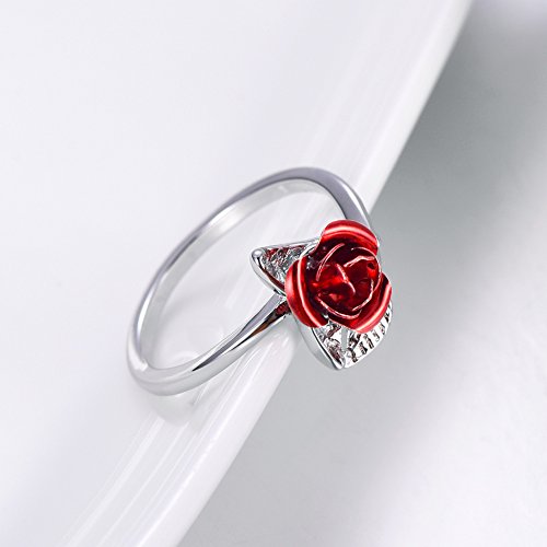 U7 Rose Flower Ring, Stackable Band Ring for Women Girls, Platinum Silver/Gold/Rose Gold Red Signet Rings Adjustable Fit Size 5 to 10 - color: Red Rose-Platinum