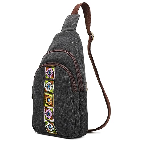 SILKAREA Canvas Sling Bag for Wome Crossbody Purse Small Sling Backpack Purse Travel Hiking Chest Bag Daypack - color: Black