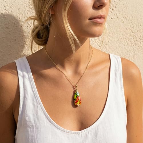 Joya Love 14K Gold Plated Healing Stone Teardrop Pendant Necklace for Women, Waterproof Stainless Steel Chain, Colorful Natural Stone Look, Boho Spiritual Jewelry Gift - color: Colorful -Gold