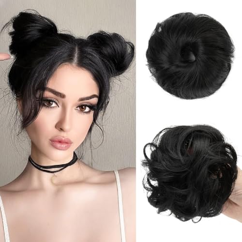 CJL HAIR 2PCs Small Cute Messy Bun Hair Piece for Thin Hair Women Mini Synthetic Curly Bun Scrunchies Updo Hairpieces Black - color: 2PCS-Black