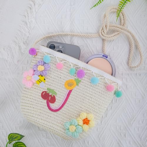 Letter Small Woven Straw Summer Beach Tote Bag for Women 2025,Woven Straw Beach Purse Shoulder Crossbody Bag for Women 2025 - color: White J