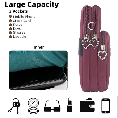 JANKS Small Crossbody Bag for Women - Mini Phone Purses with Crossbody Strap and Wallet - Nylon Arm Bag - color: A-wine Red