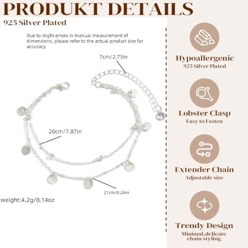 Yalice 925 Silver Ankle Bracelets Chain for Women Dainty 14K Gold Plated Waterproof Beads Anklets Layered Beach Foot Jewelry Gift - color: Silver-Sequins