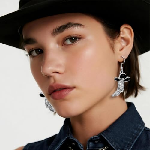 RechicGu 3 Pairs Western Cowgirl Cowboy Hat Earrings Set Silver Symmetric Boots Sparkly Rhinestone Tassels Drop Dangle Rural Culture Earrings Set For Women - color: Silver Boots,Black Hat
