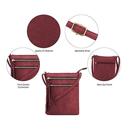 DELUXITY Crossbody Purse Bag Shoulder Bag Multi Pocket Zipper Purse - color: Wine