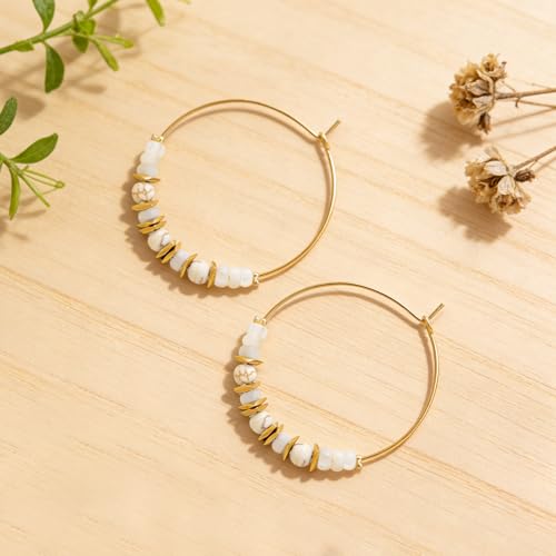 Natural Stone Beaded Hoop Earrings for Women, Boho Handmade Lightweight Hypoallergenic Trendy Summer Beach Accessories Fashion Jewelry Gift - color: Pearl Shell
