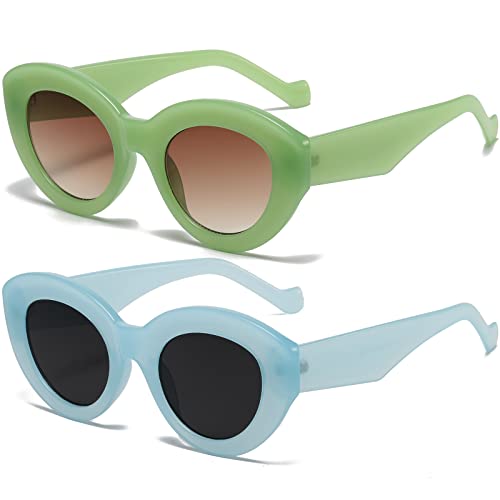 AIEYEZO Oversized Cat Eye Sunglasses for Women Cute Oval Thick Frame Cateye Sun Glasses Chic Retro Style Shades - color: 2 Set (Green + Blue)