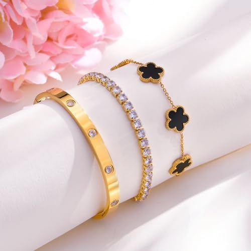 Womens Stackable Floral Gold Bracelets - 3Pcs 18K Gold Plated Bracelet,Stainless Steel Bangle Bracelets Non Tarnish, Gold Bracelet Set Trendy Jewelry,Christmas Valentines Birthday Gifts for Girlfriend - color: Black