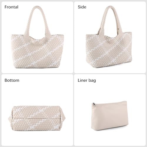 Woven Tote Bag Womens Purse Vegan Leather Shoulder Handbags Fashion Summer Beach Tote Bags Large Travel Totes - color: Beige-w