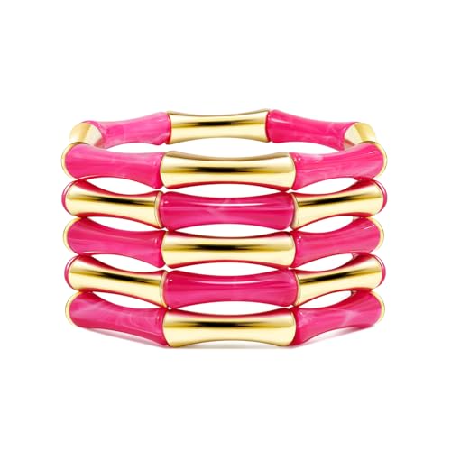 Gold Tube Bangle Bracelets for Women Stackable Bamboo Chunky Acrylic Beads Stretch Friendship Summer Beach Bracelet Jewelry - color: Red
