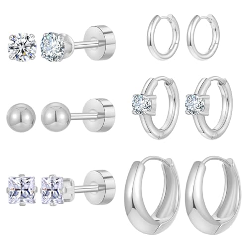 Silver Gold Plated Surgical Steel Flat Back Earrings for Women Hypoallergenic 14K Gold Plated Stud Huggie Earring Set Fashion Shell Cubic Zirconia Flatback Studs Cartilage Earrings Pack for Multiple Piercing 5/8Pairs - color: 6 Pairs Silver Plated Hoops F