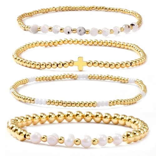 4pcs Gold Beaded Pearl Bracelets Set for Women Multi Layer Versatile Stackable Stretch Cuff Sparkly Stone Crystal Gemstone Jewelry Birthday Gifts - color: Citrine
