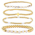 4pcs Gold Beaded Pearl Bracelets Set for Women Multi Layer Versatile Stackable Stretch Cuff Sparkly Stone Crystal Gemstone Jewelry Birthday Gifts - color: Citrine