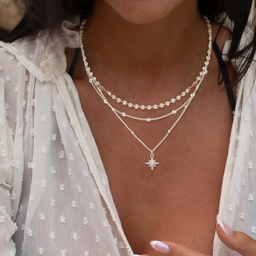 XIXINI Layered Necklaces for Women, Dainty Gold Necklace Stack 14k Gold Plated Layering Beads Choker Pendant Necklace Set Simple Statement Gold Necklaces for Women Trendy Fashion Gold Jewelry Sets - color: 3layered star necklaces-Silver