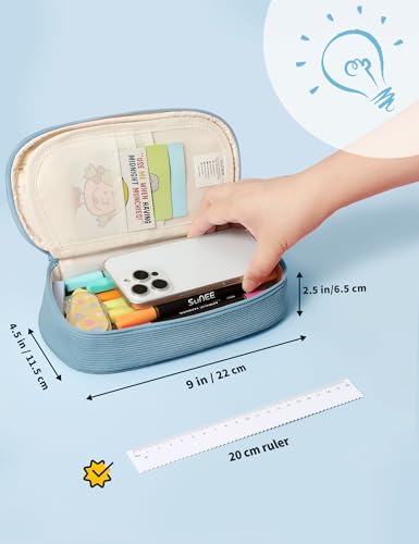 SUNEE Cute Pencil Case, Large Pencil Pouch, Aesthetic Big Pencil Bag with Zipper, Kawaii Stationery Storage and Organizer, School Supplies for Teen and Adult, Boys&Girls, Soft Corduroy Grey Blue - color: Grey Blue