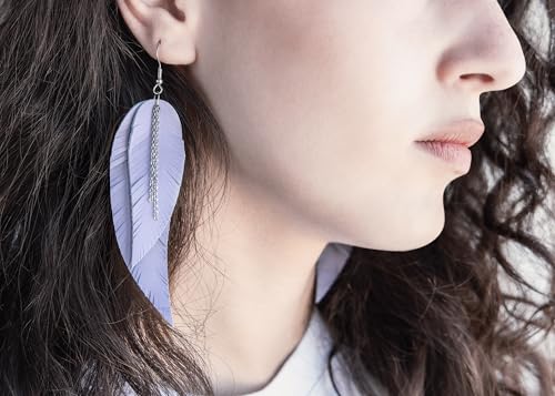 Black shiny Leather Feather Earrings for Women, Lightweight Minimal Boho Dangle Earrings, Small Simple Everyday Jewelry - color: Light Purple