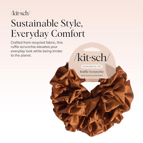 Kitsch Recycled Satin Ruffle Scrunchie – Gentle Hair Scrunchie for Women, Eco-Friendly Hair Tie No Damage, Stylish Ponytail Holder | Ideal Gifts for Women - Camel - color: Camel