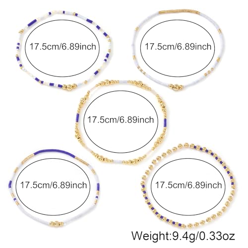 14K Gold Beaded Ball Stackable Bracelets for Women,Bohemian Stretch Colorful Seed Beads Bracelet Stack Fashion Holiday Jewelry Gift Friendship - color: Blue