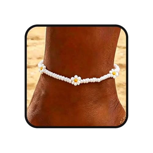 Tgirls Boho Ankle Bracelets for Women Beaded Anklets Chain Beachy Flower Foot Accessories - color: White