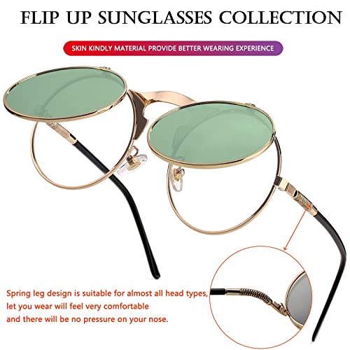 AIEYEZO Round Flip Up Sunglasses for Men and Women Rave Flip Glasses 90's Retro Steampunk Style - color: Gold/Clear Green