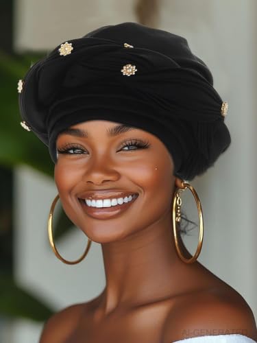 Woeoe Women African Turban Pre-Tied Twisted Beanie Cap Headwear Rhinestone Soft Stretchy Head Turbans - color: Black