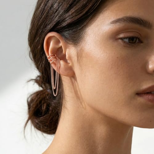SLUYNZ 925 Sterling Silver No Piercing Cuff Earrings Chain for Women Wrap Earrings Tassel Clip On Ear - color: Rose Gold Plated