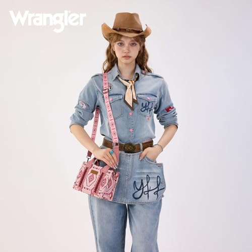 Wrangler Mini Aztec Tote Bag for Women Boho Small Top Handle Purse with Adjustable Strap - color: Boho Pink