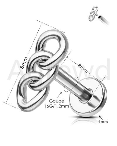Metal Chain Cartilage Earring – Internally Threaded Flat Back Stud in Silver & Gold 16G 8mm Helix, Conch, Tragus Jewelry - color: YG-8MM