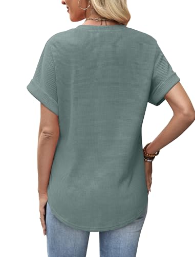 Sampeel Summer Tops for Women 2026 Trendy Rolled Short Sleeve Shirts Waffle Knit Crew Neck Tops Curved Hem Fashion Clothing - color: Agate Green, size: XX-Large
