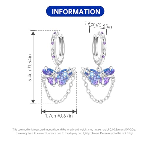 925 Sterling Silver Dangle Earrings for Women, Butterfly&Bee Animals Design, Hypoallergenic Jewelry gifts - color: Purple butterfly earrings