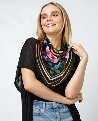 AWAYTR 27.5” Silk Satin Square Head Scarf - 4PCS Satin Head Scarves for Women Hair Kerchief Bandanas Sleeping Head Wraps - color: Flower(black/Pink/White/Yellow)