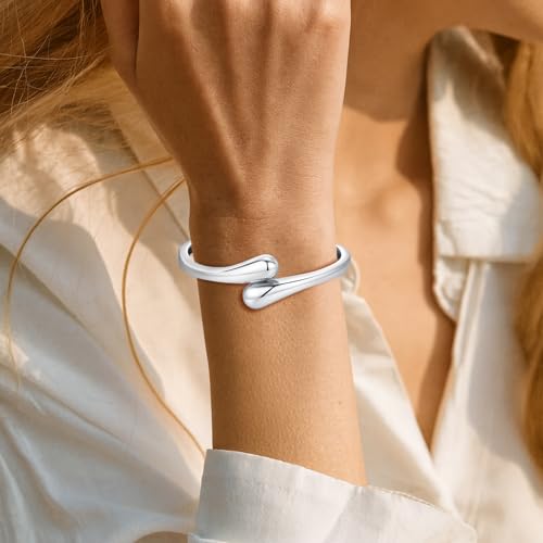 Chunky Gold Bangle Bracelets for Women Trendy 14K Gold Plated Cuff Bracelets Stack, Dainty Gold Bracelet Sets Non Tarnish Fashion Jewelry Gift - style: 1pc-Silver-TwinDrop