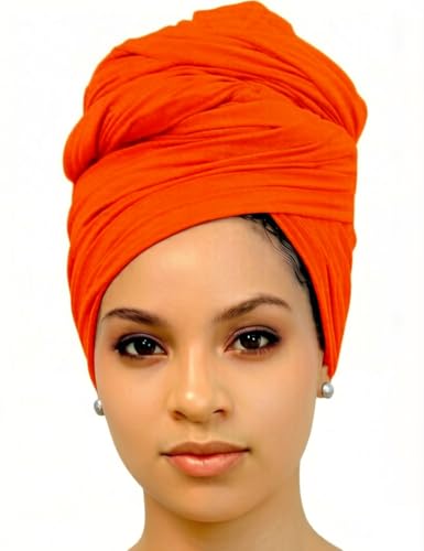 Harewom Head Wraps for Black Women Stretch Head Scarf Long African Hair Wraps Turban Headwraps Jersey Headbands - color: 1pcs -Orange