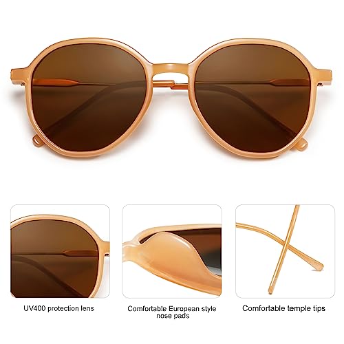 SOJOS Trendy Designer Hexagon Round Sunglasses for Women Fashion Big Shades Geometric Women Sunglasses SJ2181 - color: Light Brown
